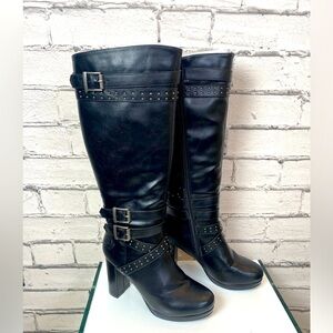 MILWAUKEE LEATHER WOMEN'S TALL BLACK STUDDED STRAP BOOTS PLATFORM HEEL Size 8